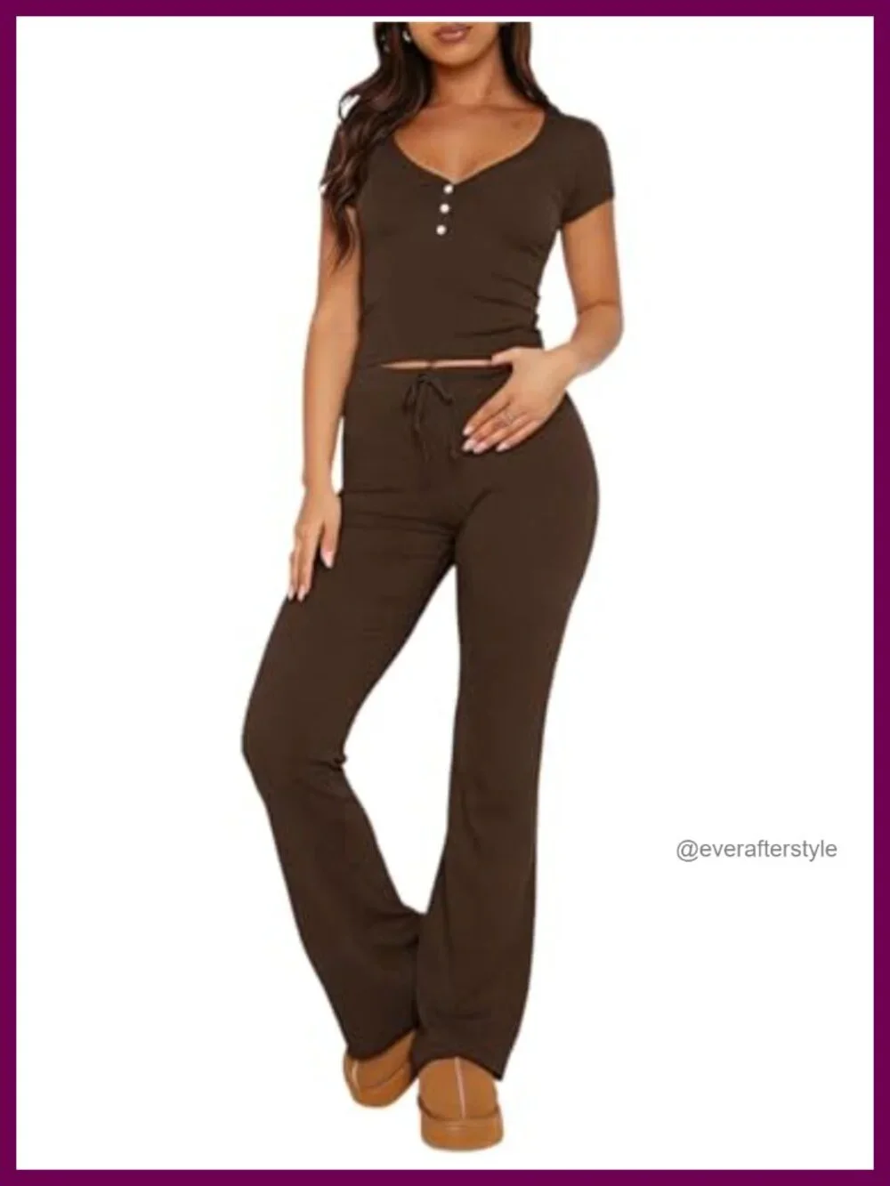 Ribbed Knit 2 Piece Pajama Set Short Sleeve Button Crop Top Flare Pants